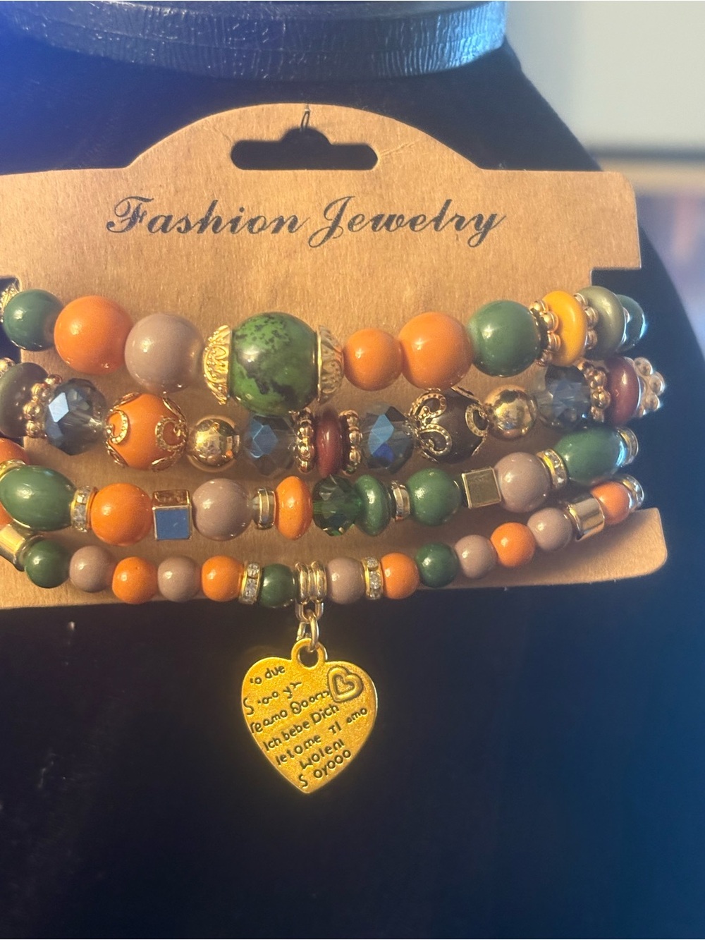 Fashion Jewelry Multicolor Beaded Charm Bracelet - Green & Orange